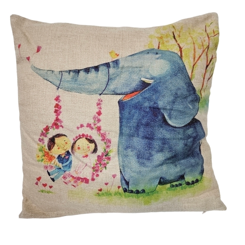 Unbranded Beige Cartoon Elephant w Children Swinging Accent Pillow Cover‎ H43